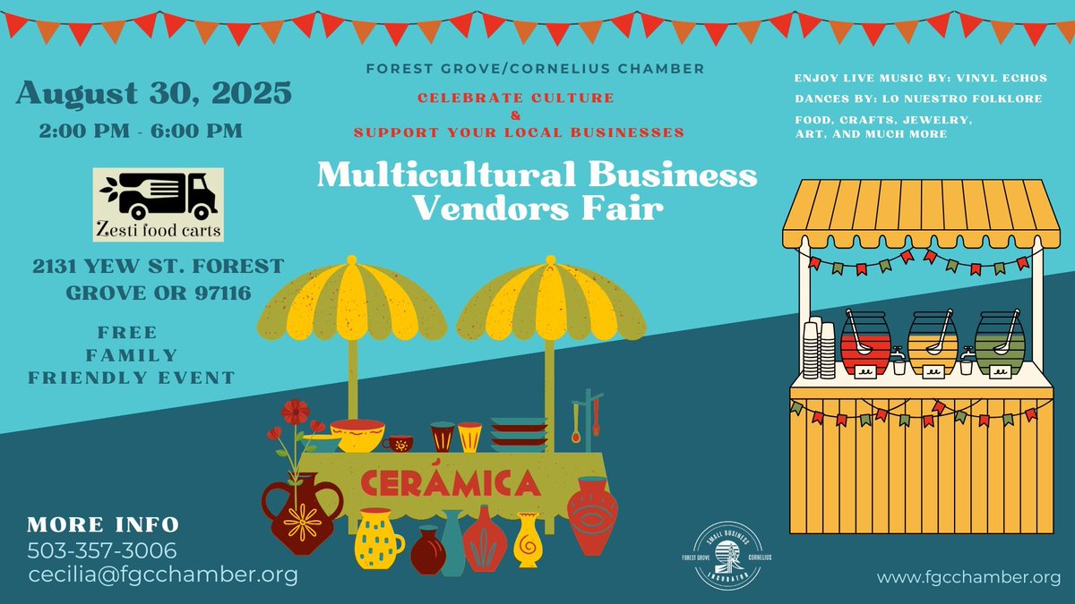 ConsulMex Portland (@consulmexpot) on Twitter photo 🌍<a href="/FGCChamber/">FG/C Chamber</a> te invita a la Multicultural Business Vendors Fair: música en vivo, danzas, gastronomía y artesanías que celebran la diversidad cultural.
📅 30 de agosto | 2-6 p.m.
📍 Zesti Food Carts, Forest Grove, OR
Evento gratuito y familiar.
ℹ️facebook.com/events/1250977… 🌍<a href="/FGCChamber/">FG/C Chamber</a> te invita a la Multicultural Business Vendors Fair: música en vivo, danzas, gastronomía y artesanías que celebran la diversidad cultural.
📅 30 de agosto | 2-6 p.m.
📍 Zesti Food Carts, Forest Grove, OR
Evento gratuito y familiar.
ℹ️facebook.com/events/1250977…