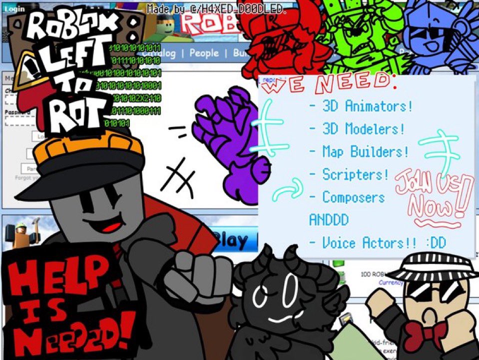 LeftToRotDevs's tweet image. [REPOST]

HELP IS NEEDED!

We are looking for people to help with the development of Left to Rot! DM us in order to get a role in the game’s development!

Art is created by @H4XED_D00DLED 

#ROBLOX #RobloxLeftToRot #RobloxDev #robloxmyth #robloxarg #robloxgame