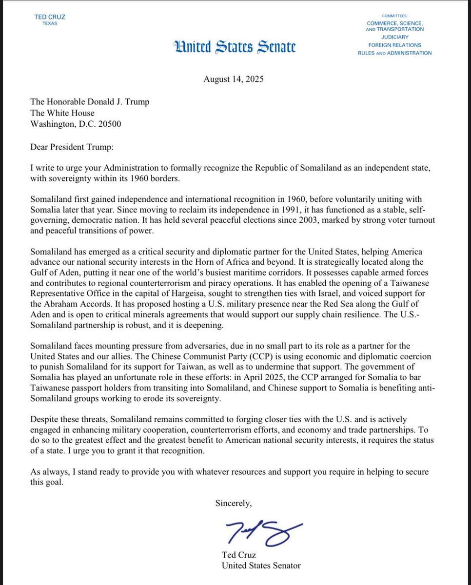 TheAfricaPlus's tweet photo. #Breakingnews
WASHINGTON, D.C. – Today, U.S. Senator Ted Cruz (R-Texas), Chairman of the Senate Foreign Relations Subcommittee on Africa and Global Health Policy, sent a letter to President Trump urging the administration to formally recognize the Republic of Somaliland as an independent state.