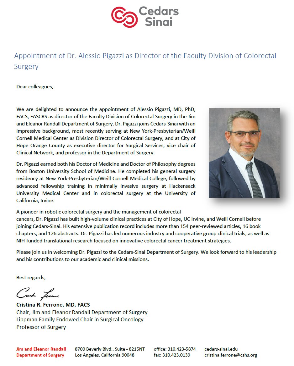 Department of Surgery at Cedars-Sinai (@deptsurgerycs) on Twitter photo Join us welcoming our new faculty, Dr. Alessio Pigazzi to the Jim & Eleanor Randall Department of Surgery in #ColorectalSurgery! 🎉
<a href="/CFerroneMD/">Cristina Ferrone</a>
<a href="/CSCancerCenter/">Cancer at Cedars-Sinai</a> Join us welcoming our new faculty, Dr. Alessio Pigazzi to the Jim & Eleanor Randall Department of Surgery in #ColorectalSurgery! 🎉
<a href="/CFerroneMD/">Cristina Ferrone</a>
<a href="/CSCancerCenter/">Cancer at Cedars-Sinai</a>