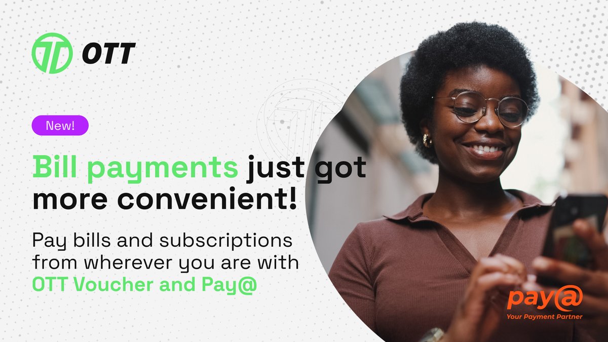 ottvoucherza's tweet photo. Staying on top of your bills just got easier with OTT Voucher &amp; Pay@! Pay faster, safer, and easier than ever. 💳⚡

Sign up on the OTT App 👉 https://t.co/pUGwxqJ7n0 to enter competitions with your used voucher PINs. 🎉

#OTT4Me #MoneyMyWay #PayAt https://t.co/tIy9OMYhXC