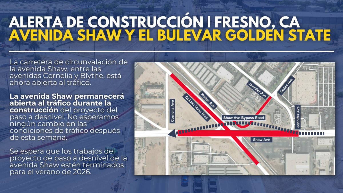 ALERTA DE CONSTRUCCIÓN: AVENIDA SHAW Y EL BULEVAR GOLDEN STATE
📍FRESNO, CA

La carretera de circunvalación de la avenida Shaw, entre las avenidas Cornelia y Blythe, está ahora abierta al tráfico. 

1/3