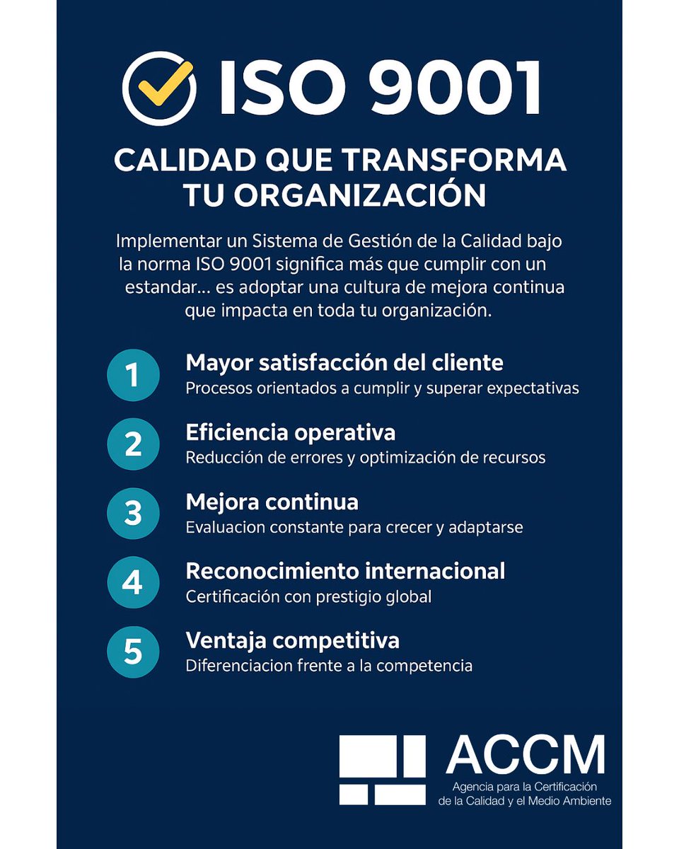 🏆 ISO 9001: La clave para la calidad y la mejora continua. Beneficios principales:

✅ Mejora continua en todos los procesos
📈 Aumento de la satisfacción del cliente
🔍 Estandarización de procesos
🌍 Reconocimiento internacional
💰 Optimización de recursos 

#ISO9001 #CALIDAD