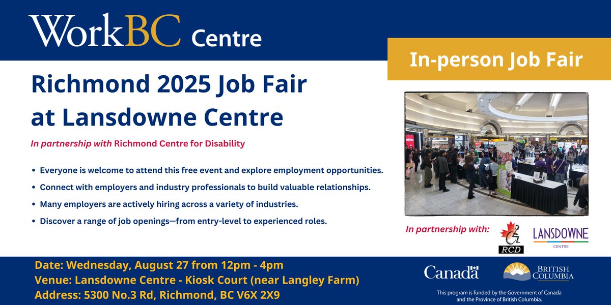 Looking to hire? 👩‍💼👨‍💼
Join <a href="/WorkBCr/">WorkBC Richmond</a> in partnership with Richmond Centre for Disability, at the Richmond 2025 Job Fair.
📅 August 27 | ⏰ 12–4 PM
📍 Lansdowne Centre - Kiosk Court
Exhibitor registration ➡️rb.gy/1ye2g0
#RichmondBC #HiringFair #WorkBC