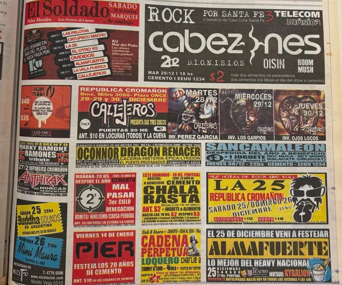 La cartelera de recitales de Clarin del 24 de diciembre en la que se anunciaban los 3 recitales de Callejeros en República Cromañon. El del 30 sería el de la fatídica bengala.