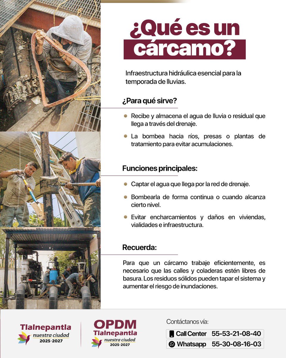 ⚠️ 🌧️ Cárcamos: infraestructura clave en #TemporadaDeLluvias.

Reciben el #agua que llega por el drenaje, la almacenan y la bombean hacia ríos, presas o plantas de tratamiento, evitando encharcamientos y daños en viviendas, vialidades e infraestructura.

#Tlalnepantla