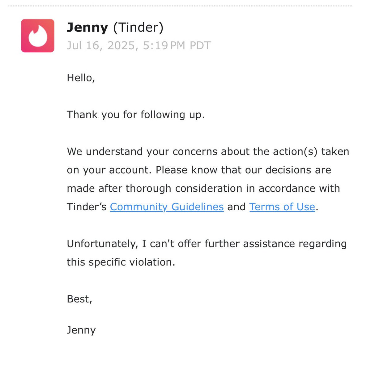 DeanMitchelll's tweet photo. @TinderSupport  I love how Tinder will just ban you with no explanation, say u need support multiple times, and be told you can appeal, tell them theirs no appeal options, and you’ve literally done nothing wrong but get hate crimed by homophobic people 🥲 and say nope won’t help. https://t.co/RBLigwXCLe