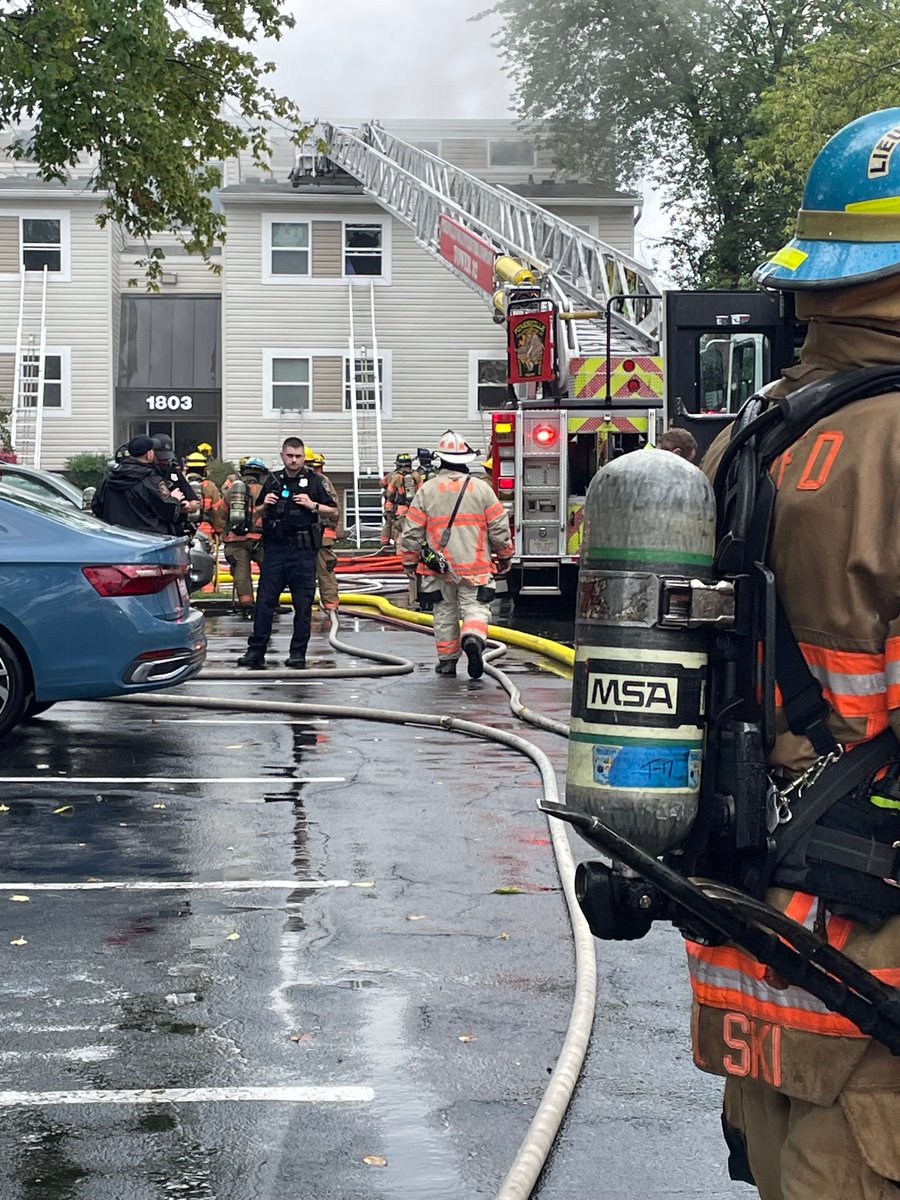2-ALARM APARTMENT FIRE 1800 blk Rambling Ridge Ln #Pikesville | FD arrived to fire through the roof of apartment building | partial collapse reported | multiple pets removed | no civilian injuries reported. DT1539