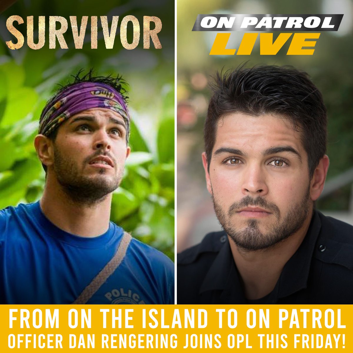 This weekend, @GainesvillePolice SWAT officer and #Survivor contestant Dan Rengering will join @DanAbrams &amp; Tom Rizzo in studio for an all-new #ONPatrolLive at 9E|6P.

He’ll be taking your questions this Friday &amp; Saturday - just use #AskTheOtherDan. Answers start on