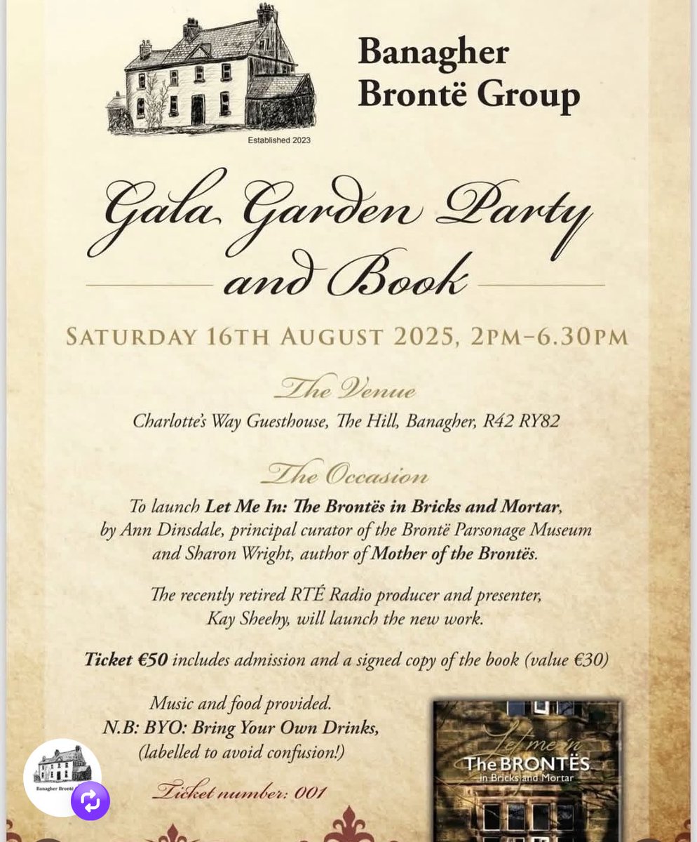Calling all Brontë fans. Here’s your opportunity to to celebrate Banagher’s  connection with the Brontë family. Check out the fabulous events from Friday 16th ~ Monday 18th August including a Gala Garden Party &amp; Book launch 🥰