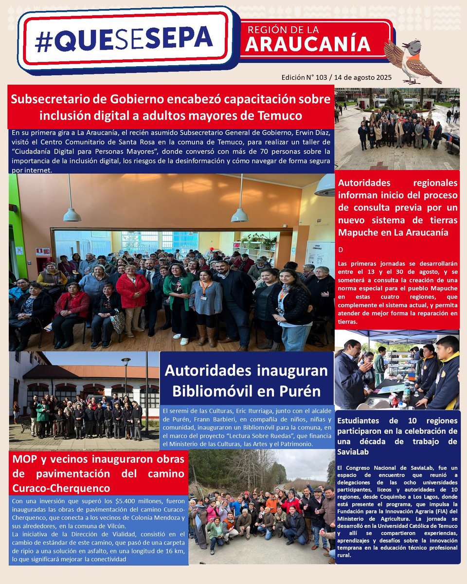 ¡#QueSeSepa cuánto hemos avanzado en La Araucanía!
👵<a href="/SubseVoceriaGob/">Subsecretaría General de Gobierno</a> encabezó capacitación sobre inclusión digital a adultos mayores de Temuco.
📣Autoridades regionales informan inicio del proceso de consulta previa por un nuevo sistema de tierras Mapuche en La Araucanía..