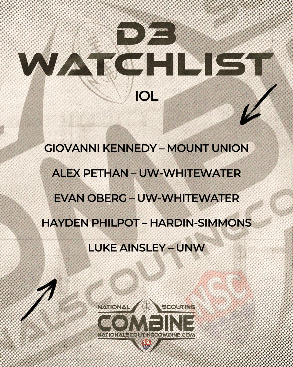 NSCombine's tweet photo. D3 Watchlist Week 10 💪
We see the hard work and dedication! 

@GiovanniKenned7
@PethanAlex
@evanoberg28
@HaydenPhilpot
@ainsley_luke 

#NSC2026 #DraftEligible #Showcase #ProFootball #ProductOfNSC https://t.co/EyoUPenTg0