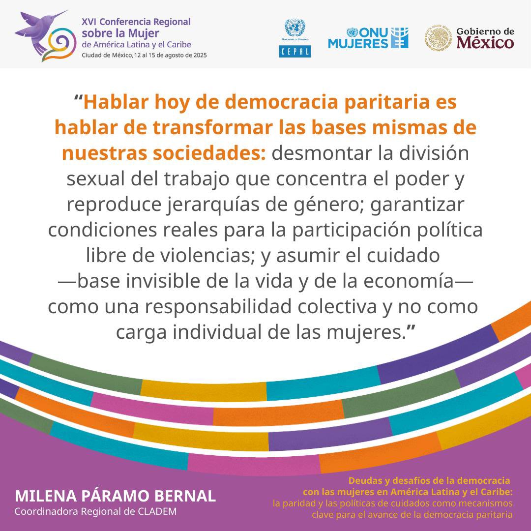 💬 <a href="/MileParamo/">Milena Páramo 💙💛</a> <a href="/CLADEM/">CLADEM</a>  en evento paralelo a la #XVIConferenciaMujerALC 
«Deudas y desafíos de la democracia con las mujeres en América Latina y el Caribe: la paridad y las políticas de cuidados como mecanismos clave para el avance de la democracia paritaria».
