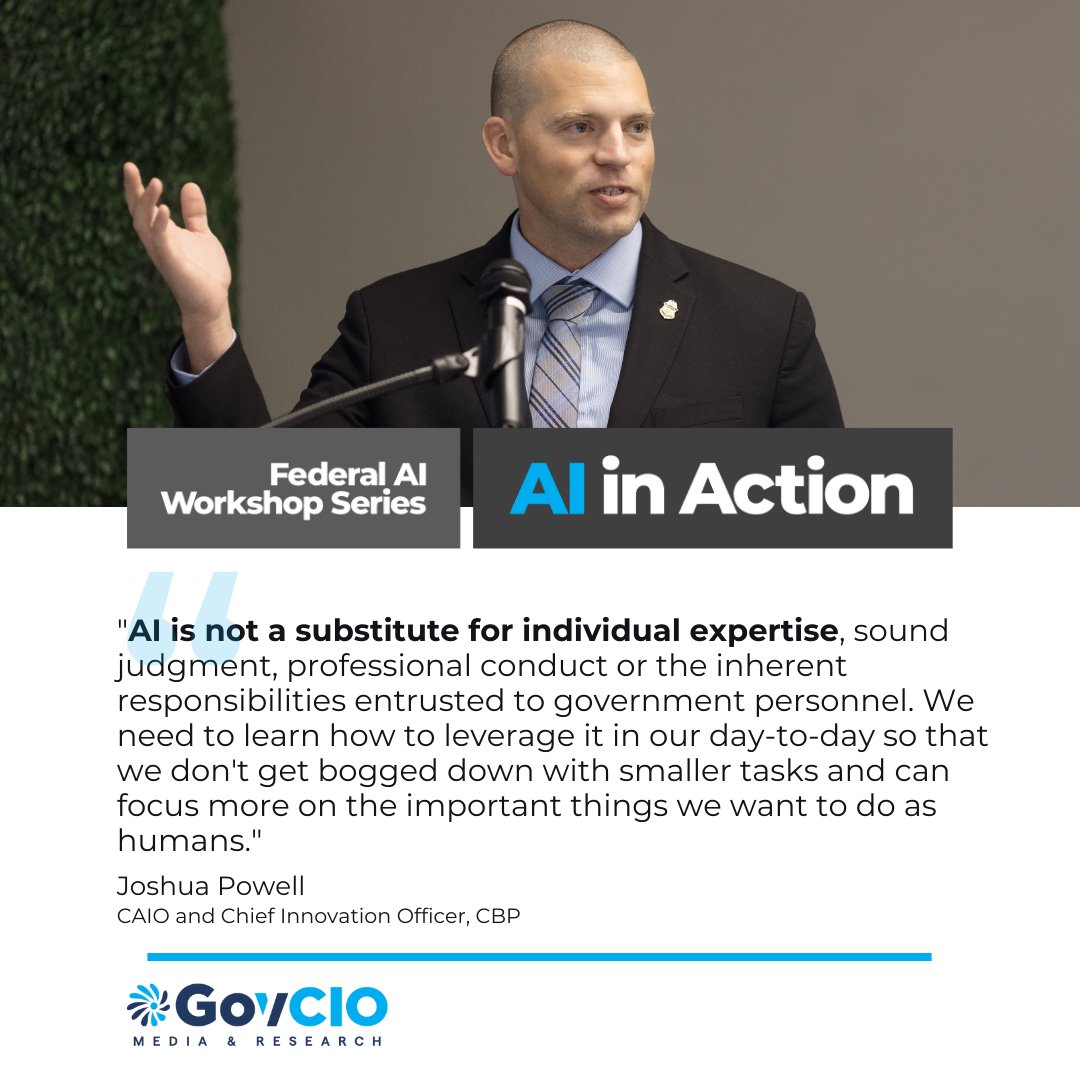 GovCIOMedia's tweet photo. Joshua Powell, CBP's Deputy Chief AI Officer and founder of the agency's Innovation Team (CBP INVNT) shared use cases at today's AI in Action Workshop on how his team is pioneering AI research to advance border technology and strengthen national security.

Missed the event? Sign up for the recap: https://t.co/3tuurXgiKK