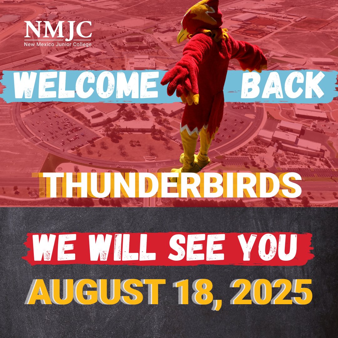 Welcome back, Thunderbirds! 
We can’t wait to see you on campus when classes start on August 18, 2025.
There’s still time to register!
Register now: nmjc.edu

#nmjc #NMJCSuccessThroughLearning #NewMexicoJuniorCollege #FeelTheThunder