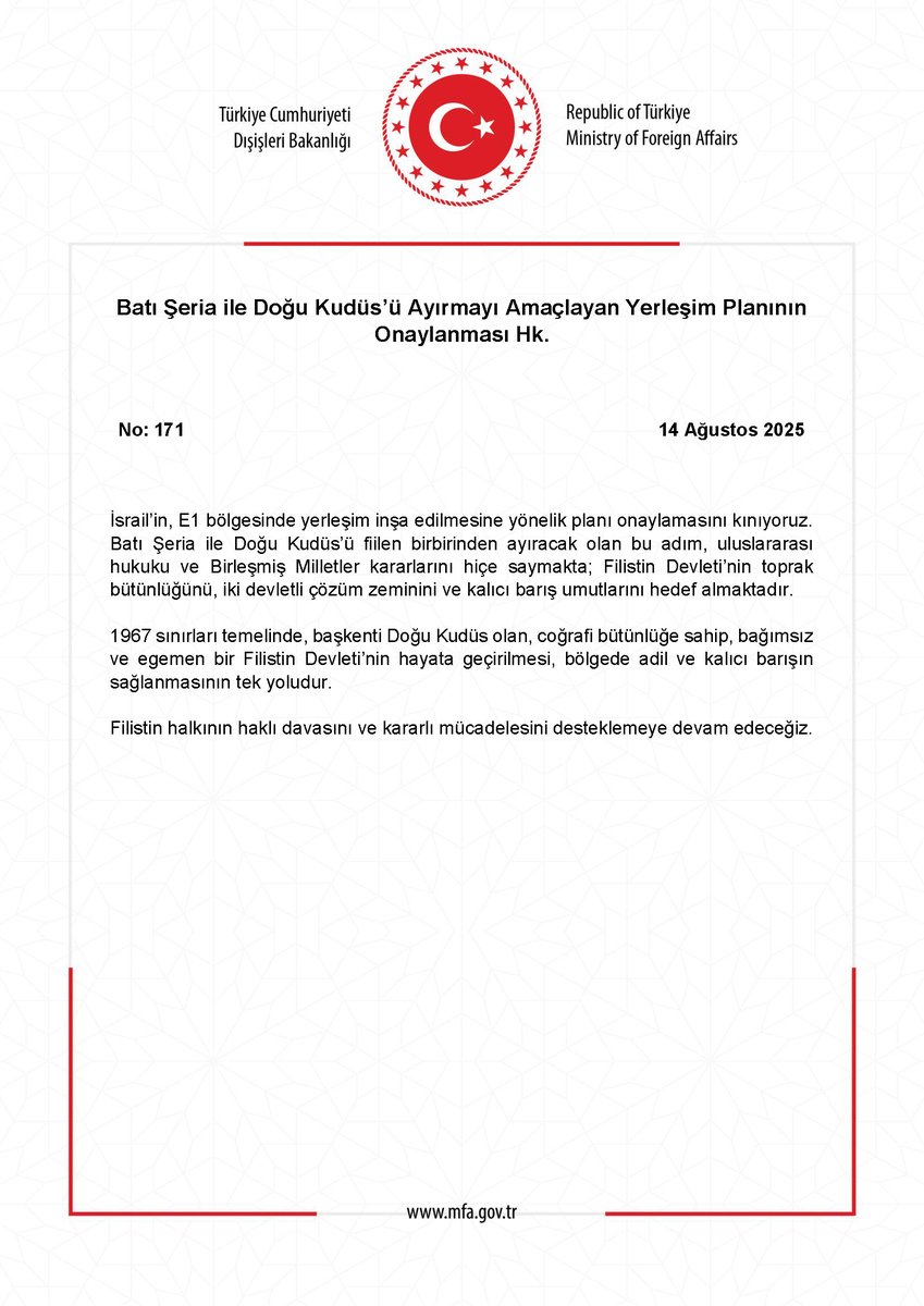 Batı Şeria ile Doğu Kudüs’ü Ayırmayı Amaçlayan Yerleşim Planının Onaylanması Hk. mfa.gov.tr/no_-171_-bati-…