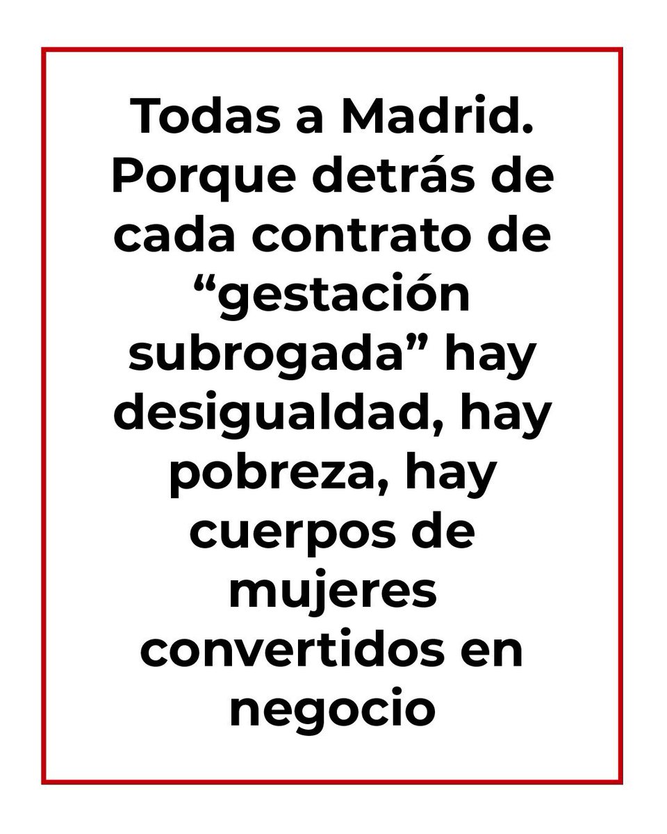 Señores y señoras de <a href="/desdelamoncloa/">La Moncloa</a> :
📣 La maternidad NO es un proceso sujeto a subrogación ‼️
📣 Madre es la que gesta y pare‼️
📣 Las criaturas NO son sujeto de compraventa‼️
#AltoALaMafiaReproductiva 
#6SMadrid
#LasMujeresNoSeUsan
#NoALosVientresDeAlquiler