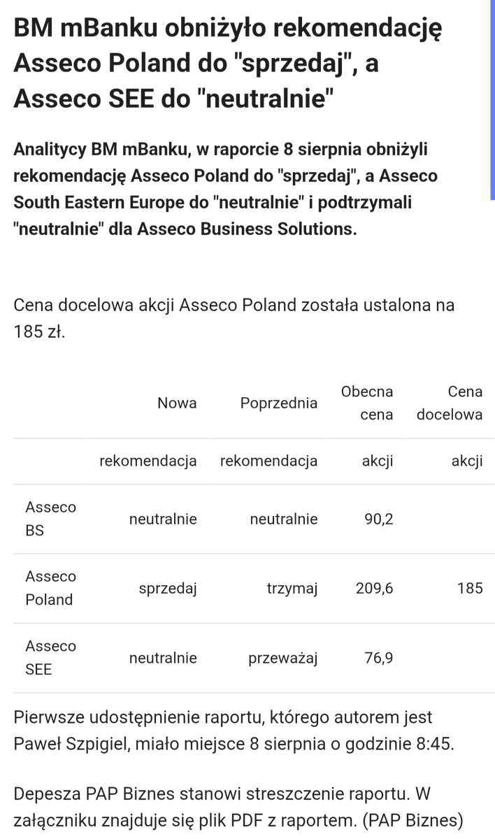 Lukasz_on_GPW's tweet photo. BM mBanku obniżyło rekomendację #AssecoPoland do "sprzedaj", a #AssecoSEE do "neutralnie" https://t.co/dY4g3glMpV