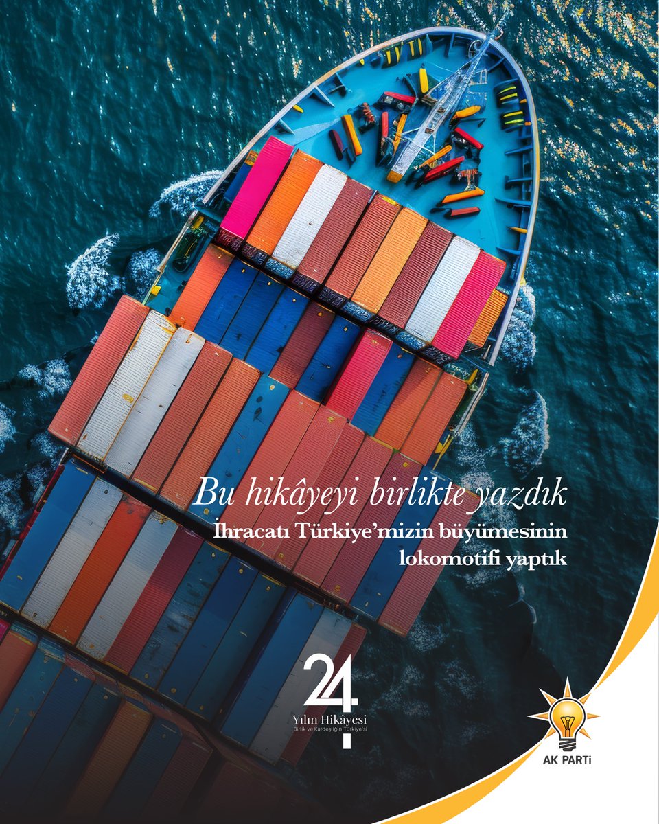 24 yılda ihracatımızı 7 kat artırdık, Cumhuriyet tarihimizin en yüksek mal ve hizmet ihracatına ulaştık.

Dünyanın dört bir yanında Türk bayrağını gururla dalgalandırarak, üretimden ihracata, yatırımlardan istihdama uzanan bu kutlu yürüyüşün destanını #BirlikteYazdık.