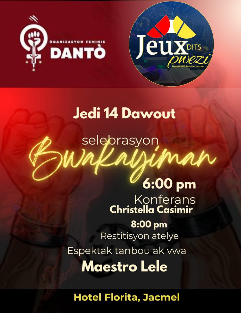 N ap tann ou pou n reflechi ansanm, epi pase on bèl moman…

Pa bliye 1791!!!

#jeuxditspoesie #dantofeminis #feminisayisyen