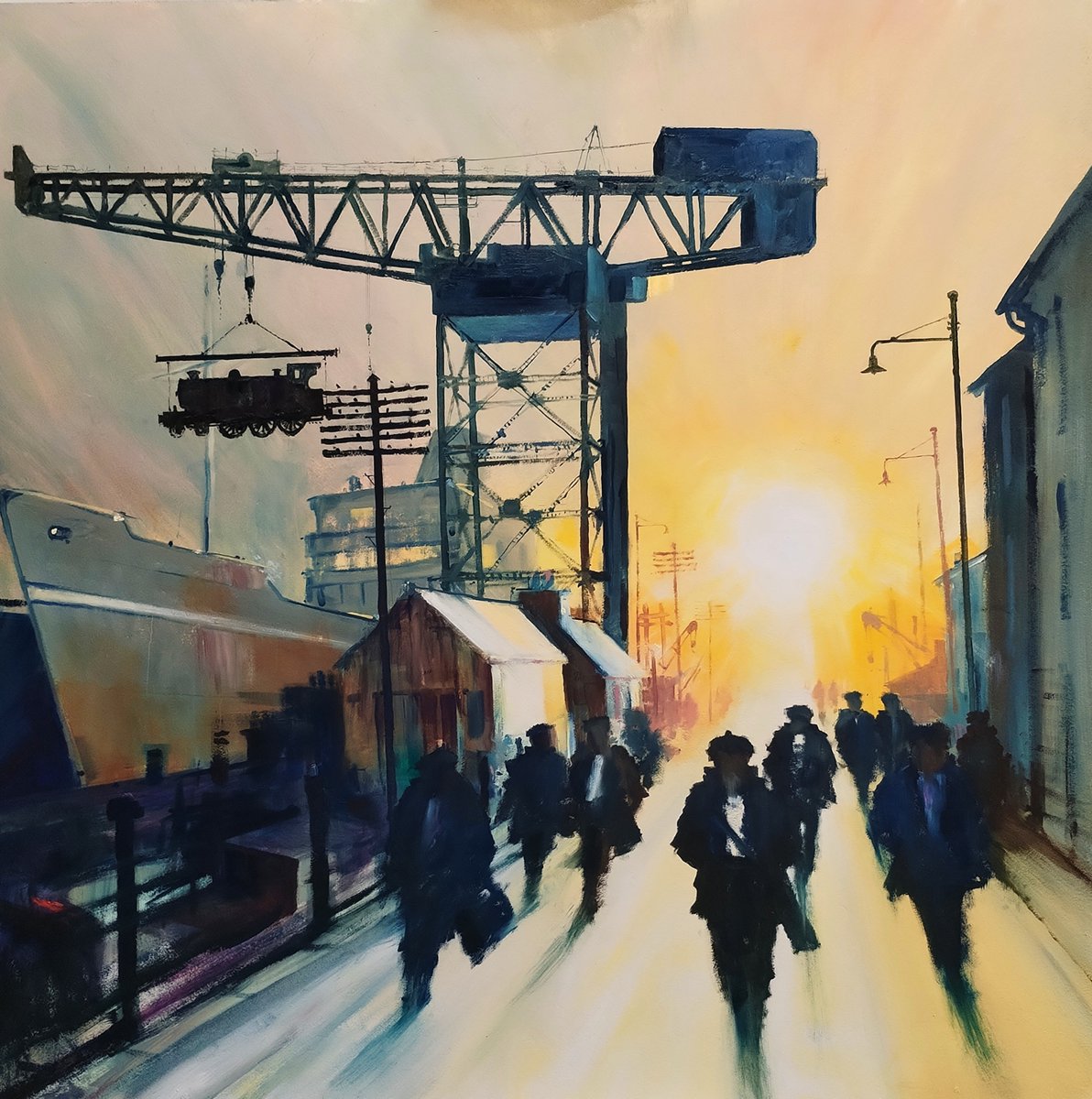 I am working on a series of industrial /shipyard /Clyde oil paintings. They are 1m x 1m square and the painting in this post is no 1. It depicts the Finnieston Crane  (still there) a heavy lift crane for Locos built in Cowlairs Springburn and other large  loads. pm for details.