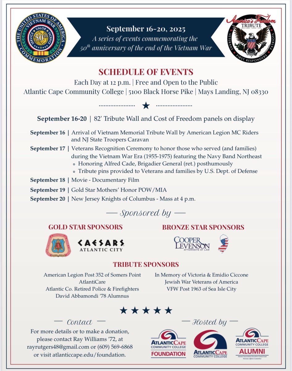 The FTA is honored to be called upon to publicize and support this outstanding tribute commemorating the 50th anniversary of the end of the Vietnam War. This multi-day event will be held at Atlantic Cape Community College in Mays Landing. See the attached flyer for details: