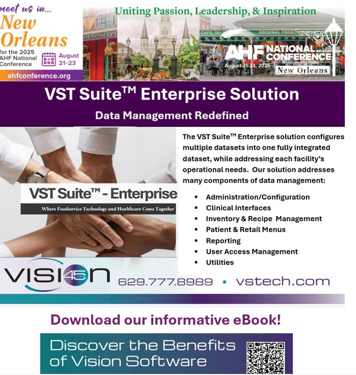 vision_software's tweet image. We look forward to visiting with you at the 2025 AHF National Convention next week!  We&apos;ll be in Booth #418, excited to share our latest &amp;amp; greatest Healthcare Foodservice &amp;amp; Nutrition software!

#VisionSoftwareTechnologies vstech.com
#AHF AHFconference.org