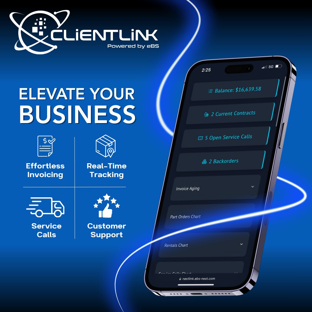 EBSNext's tweet image. Elevate your business with ClientLink — a 24/7 self-service platform that makes it easy for customers to:

✔️Pay invoices
✔️Track parts orders
✔️Request rentals
✔️Create service calls
✔️Submit support tickets

👉 Schedule a demo today!

#ClientLink #ERP #EquipmentBusiness