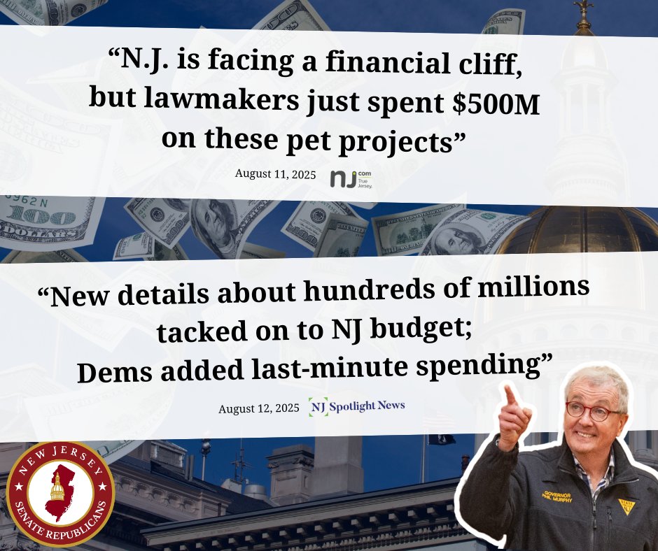 ⚠️ NJ Democrats recklessly tacked $500 MILLION in last-minute spending onto the state budget 💸—all while our state is drowning under:

🏠 The highest property taxes in the nation
📈 One of the highest costs of living
🏫 A failed school funding formula
⚡ Soaring electric bills
