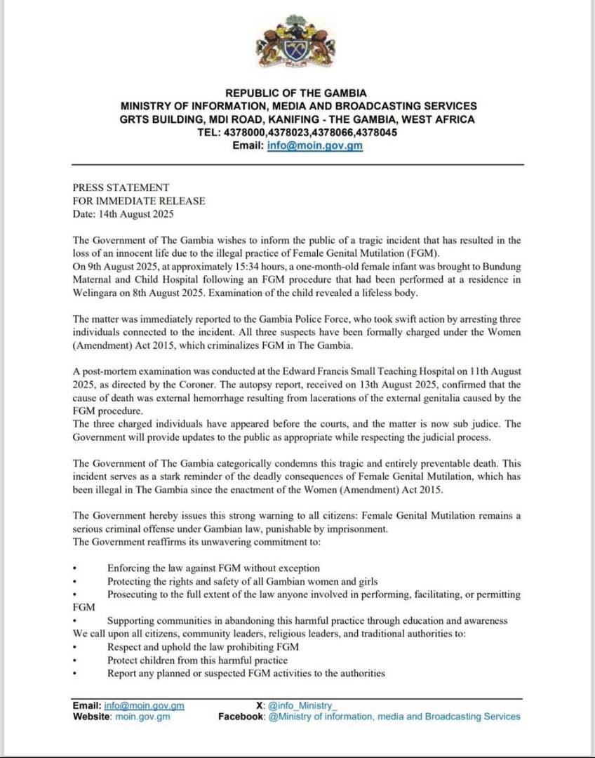 We are devastated by the death of this 1-month-old baby girl due to FGM. We stand with the Gambia Government in its firm rejection of this violence.