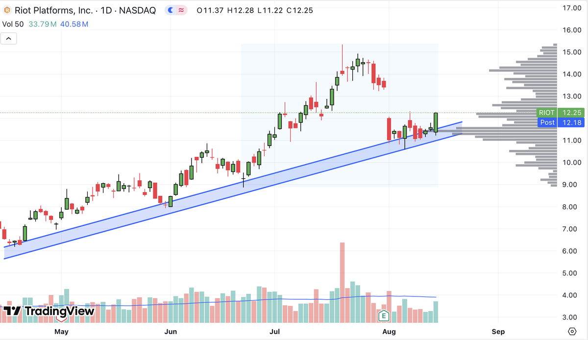 candleflowHQ's tweet photo. $RIOT has bounced nicely off both this upward trend area and the 06/23 reversal volume shelf. Decent volume increase today, so hopefully this move can keep going! https://t.co/tFiKSUnjNh