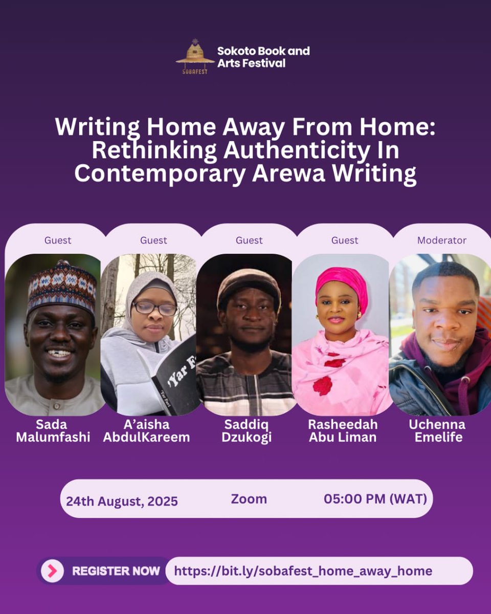 What does “home” mean when you’re writing from afar? 

Find out at #SokotoBookFestival on Zoom!  
🗓️ 24 Aug 2025 | 🕔 5PM WAT  
🔗 bit.ly/sobafest_home_…

#ArewaWriting #NaijaLit #VirtualEvent #WritersTalk #CulturalIdentity