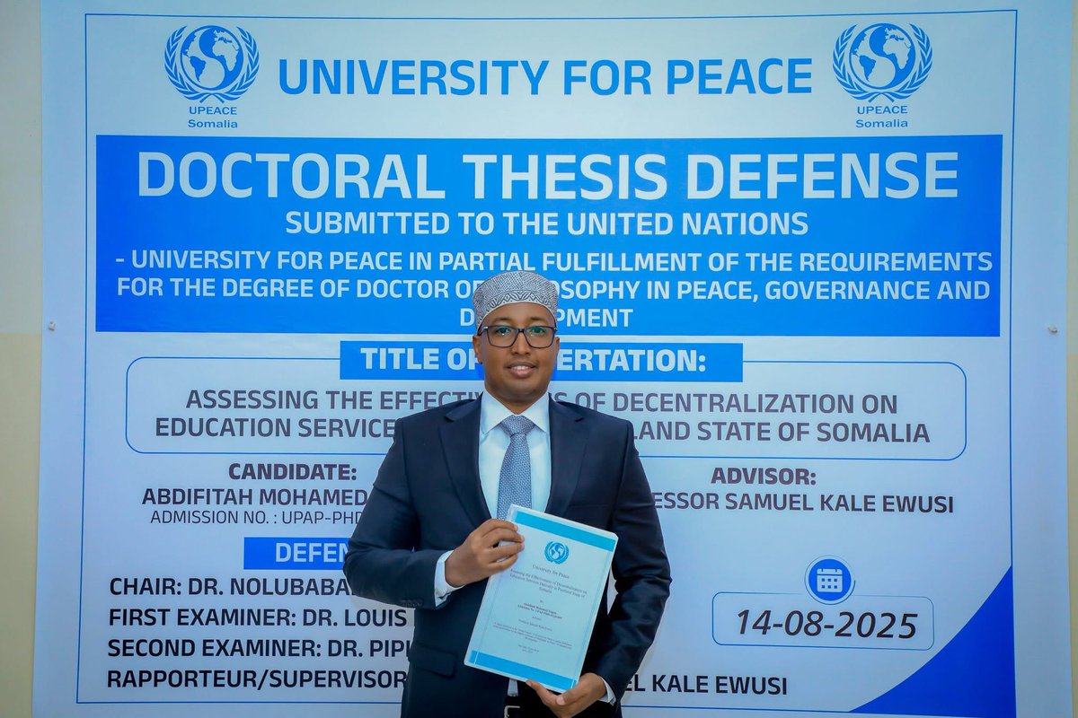 InaSiciidFarey's tweet image. Congratulations, Dr. @AbdifatahSugule, your successful #PhD defense on “Effectiveness of Decentralization on Education Service Delivery in #Puntland State of #Somalia” is an outstanding milestone. Wishing you continued success in your academic and professional journey!