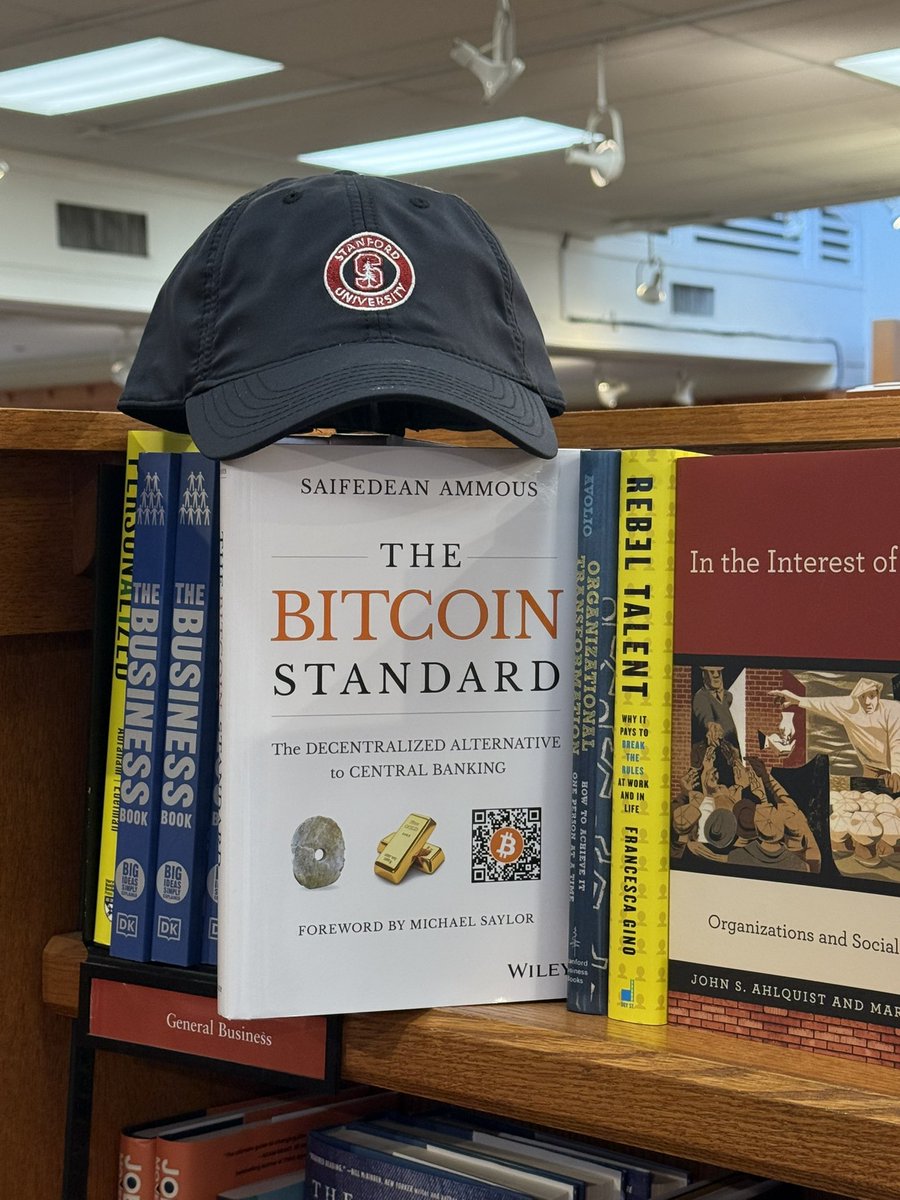 At Stanford, getting ready for upcoming talks. Bookstore dilemma: the  Stanford cap 🧢 or The Bitcoin Standard 📖? A central banker facing hard  choices…