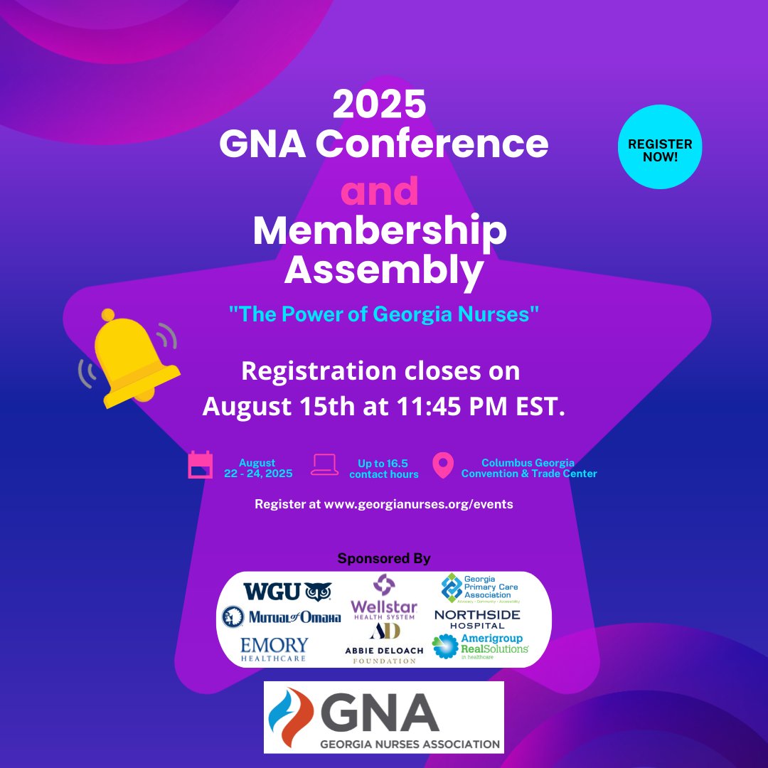 Closing tomorrow. Secure your seat now at georgianurses.nursingnetwork.com/nursing-events….

See you in Columbus!

#GeorgiaNurses #Nursing #Excellence
