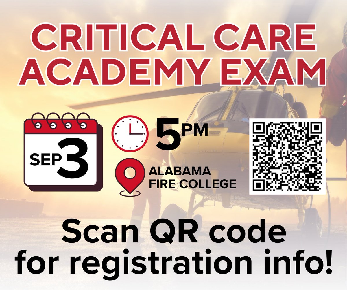 Attention Critical Care Academy students:  

The Certified Flight Paramedic (FP-C) Examination will be held on September 3rd at 5pm at the Fire College. 
To register, scan the QR code for instructions and a discount code, or visit bit.ly/45BfykD