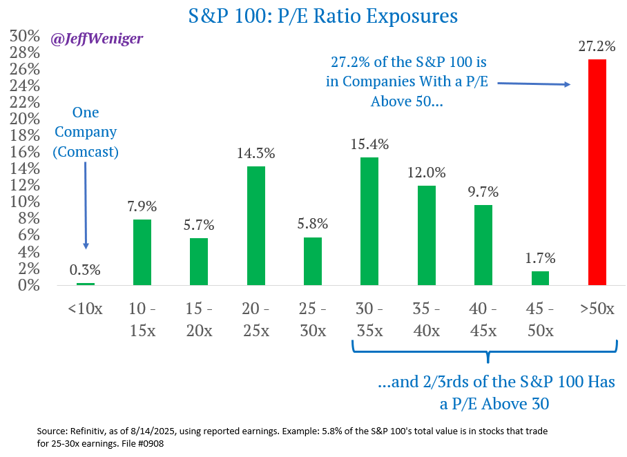 The S&amp;P 100 now has 27.2% of its total value in stocks that have a P/E of at least 50. There is only one company that has a P/E below 10.