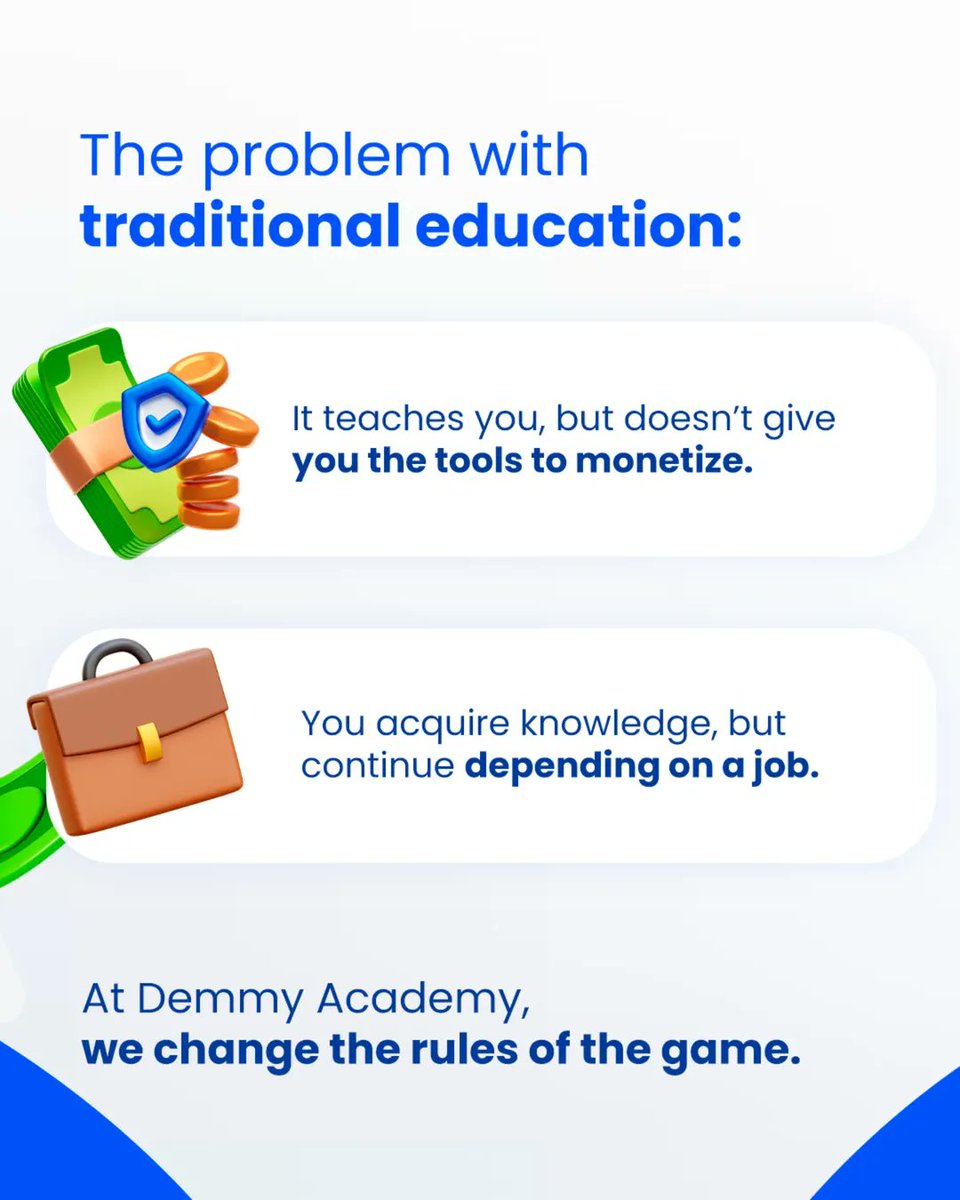 DemmyAcademy_'s tweet photo. Tired of traditional education giving you knowledge but not the tools to monetise it? At Demmy Academy, we change the rules of the game. Learn practical skills to generate income and stop depending on a job! #Education #Finance #Entrepreneurship #DemmyAcademy https://t.co/fDxhcReBq5