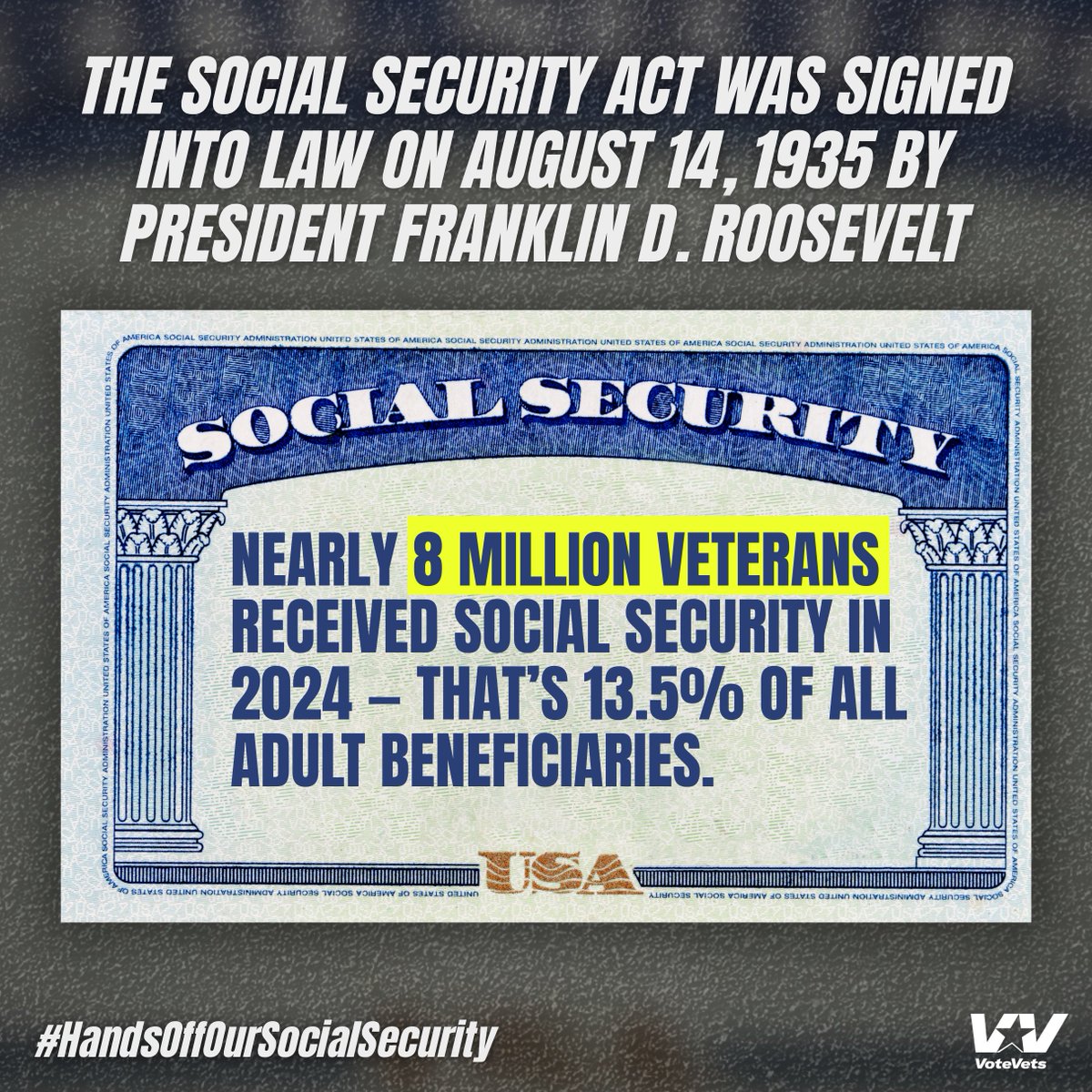 As Social Security turns 90, nearly 8 million Veterans — 13.5% of all adult beneficiaries — depend on it. 

#HandsOffOurSocialSecurity