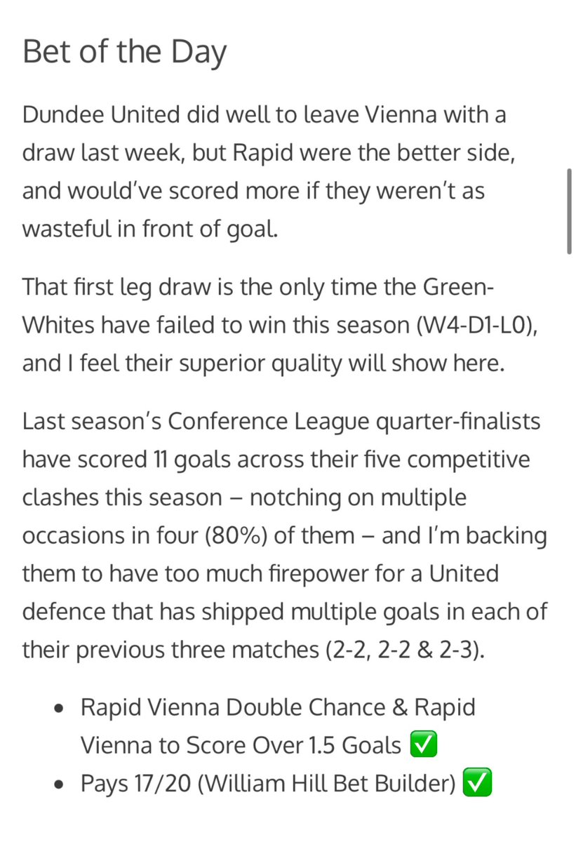 🔵 Dundee United vs Rapid Vienna - Rapid Vienna Double Chance &amp; Rapid Vienna to Score Over 1.5 Goals (2-2 ⚽️)
🔵 Pays 17/20 ✅

Rapid Vienna come from two goals to draw the match 2-2 and take it to extra time to make it 3️⃣ consecutive winners 🔥💷