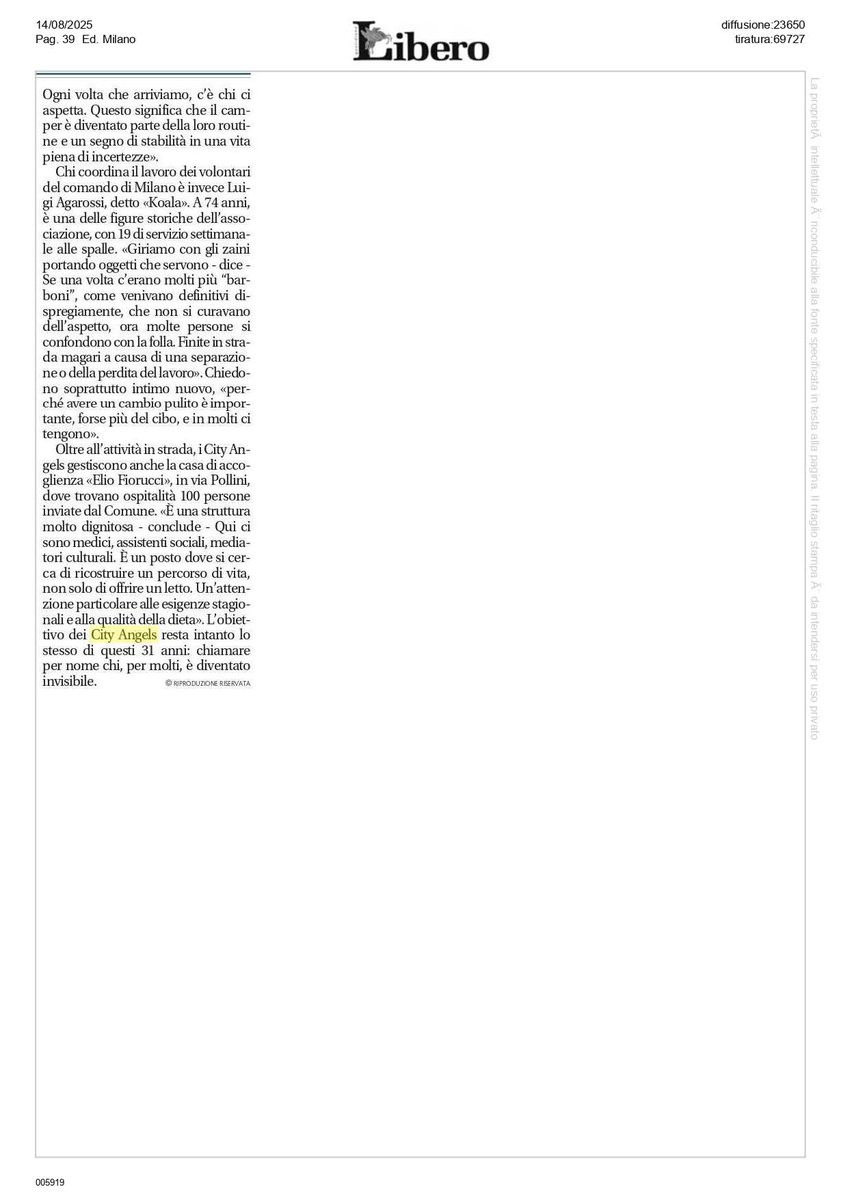 Sul quotidiano Libero di oggi un ampio articolo sulla nostra attività umanitaria, che non va in vacanza. Mai!
#CityAngels #volontariatodistrada #senzatetto #clochard #MarioFurlan
