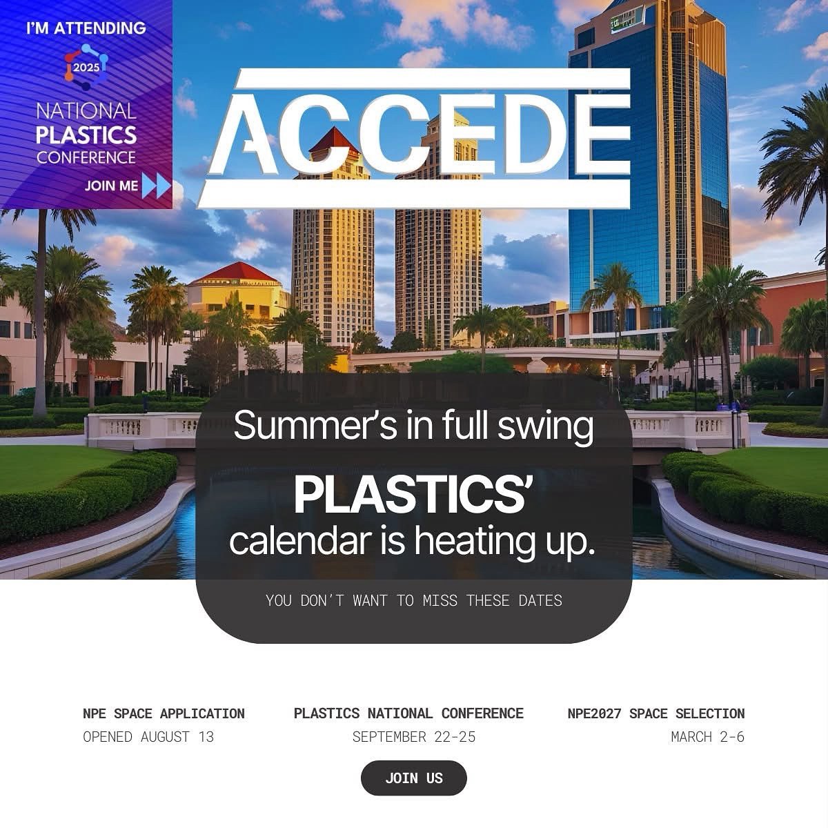 ☀️Summer’s in full swing and PLASTICS’ calendar is heating up!

🗓️ You don’t want to miss these dates.

🔗 nationalplasticsconference.org/agenda/

We’ll see you in #Orlando at the #NationalPlasticsConference

#StayInformed #MoldBuildingExcellence