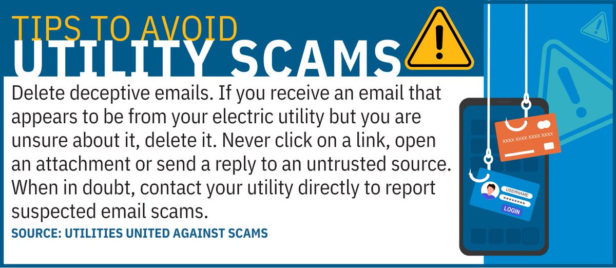 Scammers often disguise emails to look like they're from your electric utility. If something feels off, don’t click, don’t reply, and don’t open any attachments. When in doubt, delete the email. via <a href="/U_U_A_S/">Utilities United Against Scams</a> 

Report the suspected scam to the <a href="/FTC/">FTC</a>.
