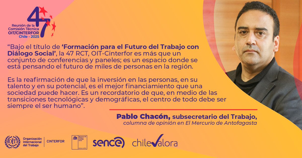 ChileValora (@chilevalora) on Twitter photo “Puentes hacia América Latina y el Caribe” se titula la columna de opinión del subsecretario Chacón, en la que reflexiona sobre la importancia de la 47ª RCT <a href="/OITCinterfor/">OIT/Cinterfor</a> y los avances que tiene para el país el albergar este encuentro.
Link acá: bit.ly/4fBUNd7 “Puentes hacia América Latina y el Caribe” se titula la columna de opinión del subsecretario Chacón, en la que reflexiona sobre la importancia de la 47ª RCT <a href="/OITCinterfor/">OIT/Cinterfor</a> y los avances que tiene para el país el albergar este encuentro.
Link acá: bit.ly/4fBUNd7