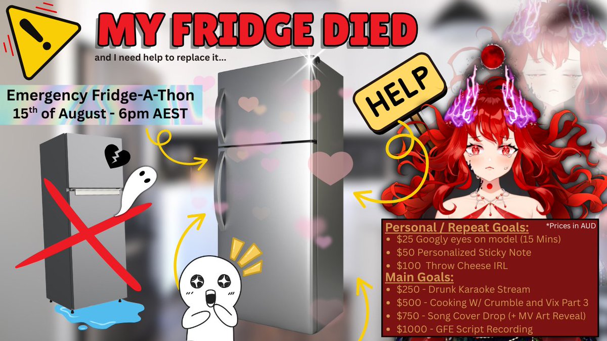 Guys... My fridge died and I need your help!
Over the last few days our fridge and freezer stopped making things cold...

So tonight at 6pm (AEST) I will be doing a Fridge-A-Thon on stream to try raise some money to replace our fridge!
Any help would be appreciated ;u;💙