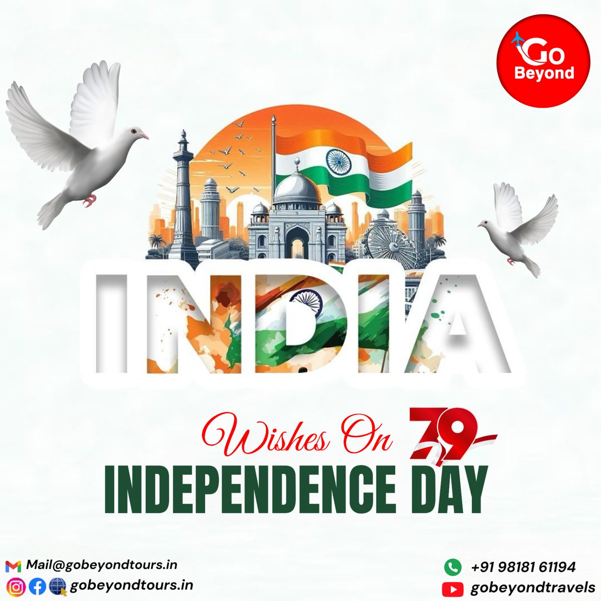 gobeyondtour's tweet photo. Warm wishes on #IndependenceDay 🇮🇳
May the spirit of Independence inspire your journeys & dreams ✈️🌏
@IndiainNewYork @IndiainNorway
@IndiainDenmark @rashmi_gheewala
@USAmbIndia
#HappyIndependenceDay2025 #IndependenceDayIndia #15August2025 #GoBeyond #GoBeyondTours #GoBeyondNow https://t.co/QLEKiP8Ec4