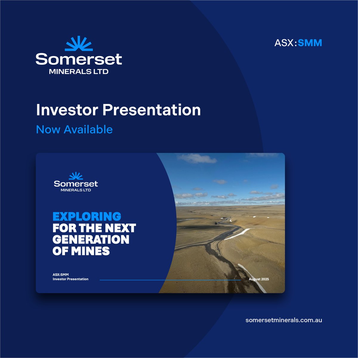 #ASXNews

$SMM.AX is pleased to release its latest investor presentation for August 2025.

View the presentation: loom.ly/Hr1AeS8

#SomersetMinerals #SMM #ASX #Copper #Exploration