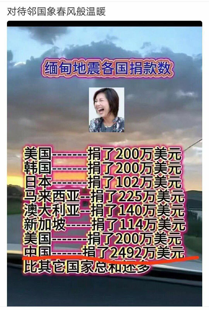 🔥 看看缅甸地震，各国的捐款数字！中共不创造价值却出手大方，挥霍的都是韭民的纳税钱。国内有了灾就要老百姓捐款了‼️