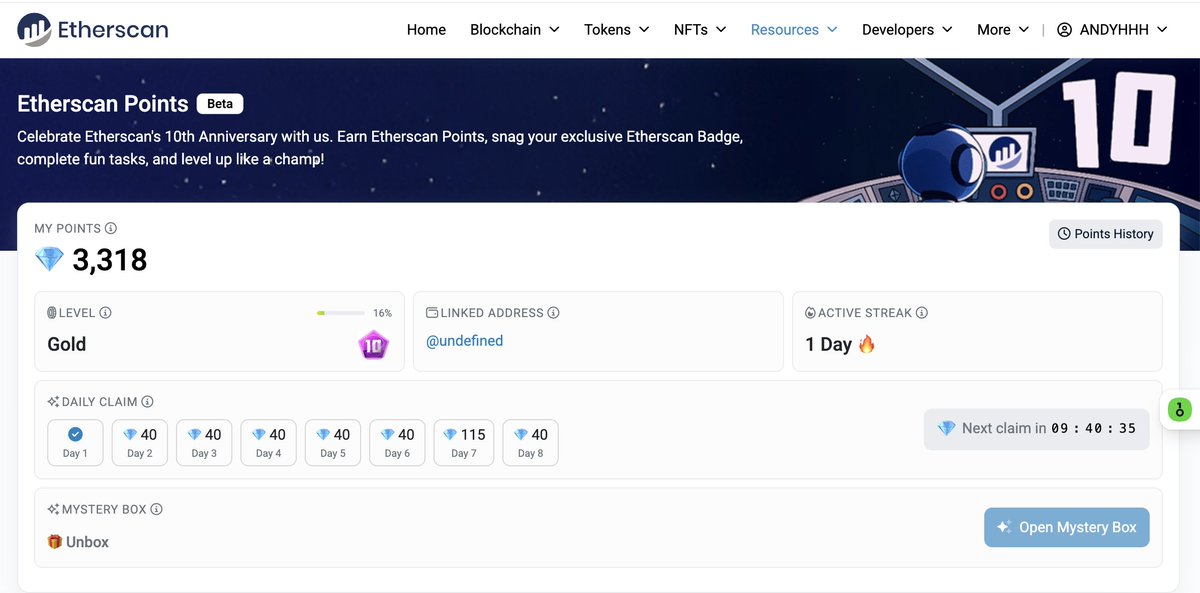 #10YearsofEtherscan 
<a href="/etherscan/">etherscan.eth</a> 的积分活动
早期用户可以参与一波✌🏻