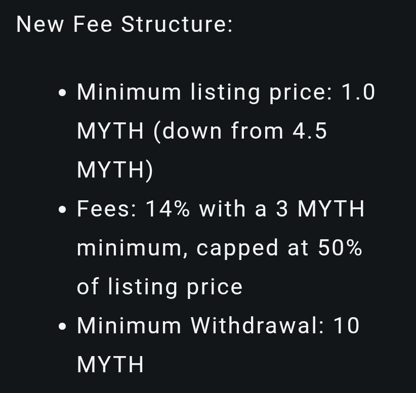 The Mythical Market's minimum fee is getting updated! 💰

- Minimum fee is 3 MYTH (capped to 50% of listing price)
- Minimum listing price is 1 MYTH
- Existing offers will not be affected. You may want to cancel some listings and re-list items to take advantage of the new minimum